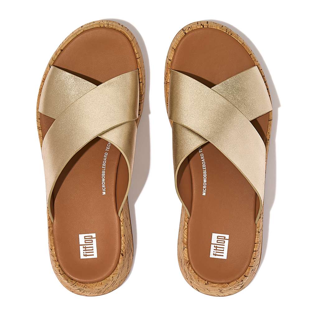 Women's Fitflop F-MODE Metallic Leather/Cork Flatform Cross Slides Sandals Brown/Gold | Ireland-07341