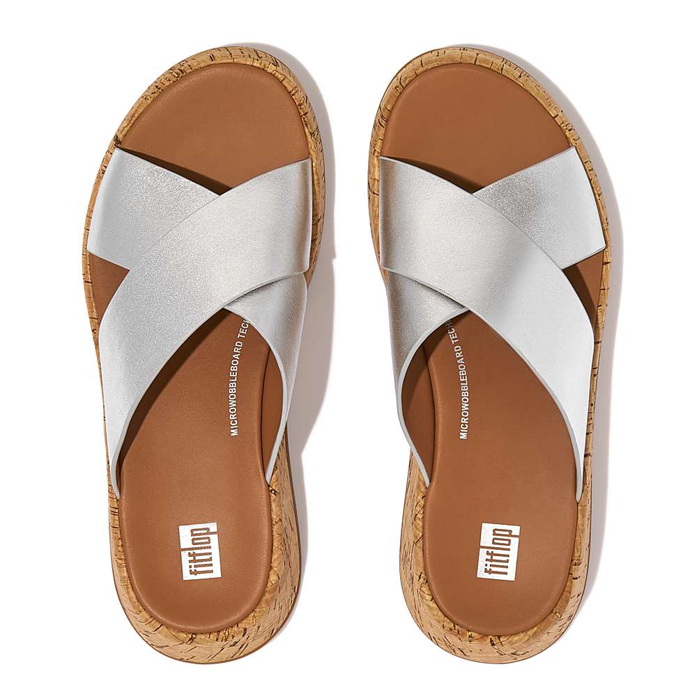 Women's Fitflop F-MODE Metallic Leather/Cork Flatform Cross Slides Sandals Silver | Ireland-45290