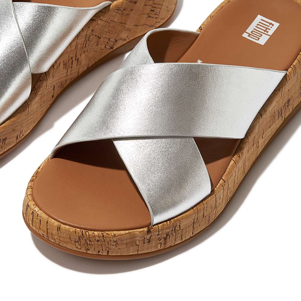 Women's Fitflop F-MODE Metallic Leather/Cork Flatform Cross Slides Sandals Silver | Ireland-45290