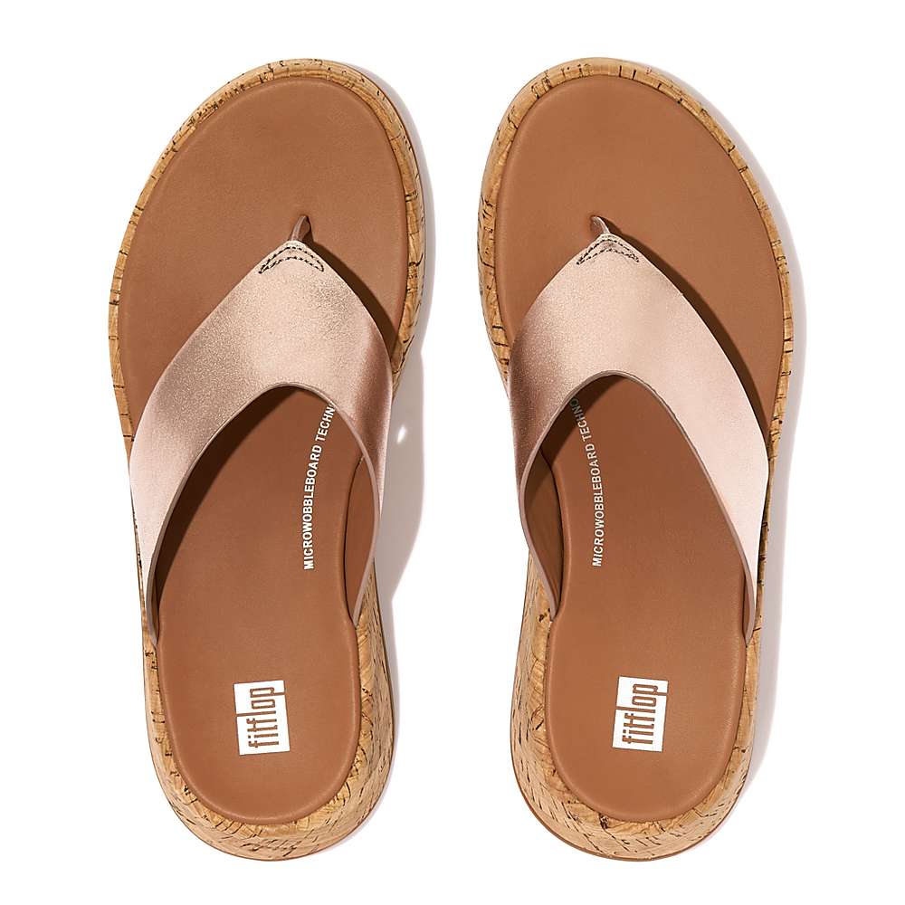 Women's Fitflop F-MODE Metallic Leather/Cork Flatform Toe-Post Sandals Rose Gold | Ireland-65372