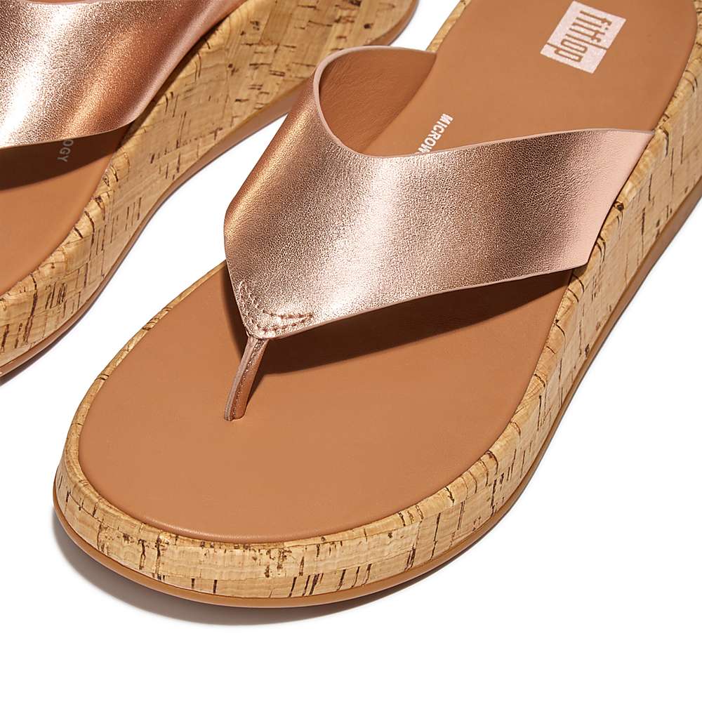 Women's Fitflop F-MODE Metallic Leather/Cork Flatform Toe-Post Sandals Rose Gold | Ireland-65372