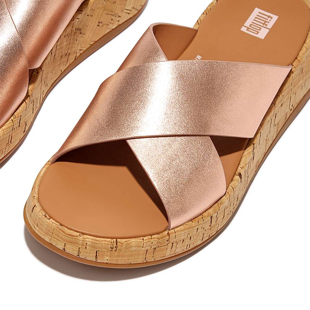 Women's Fitflop F-MODE Metallic Leather/Cork Flatform Cross Slides Sandals Rose Gold | Ireland-72598