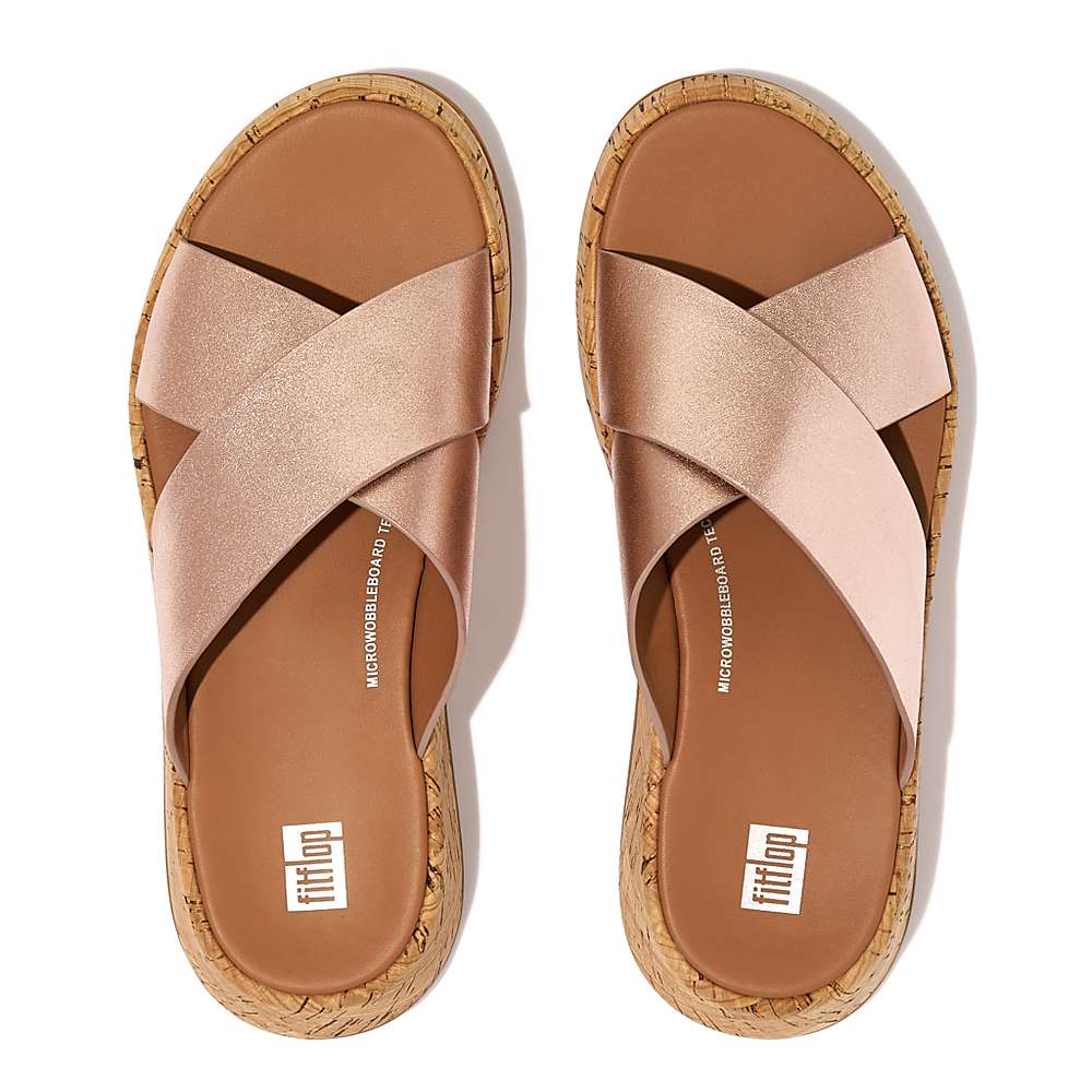 Women's Fitflop F-MODE Metallic Leather/Cork Flatform Cross Slides Sandals Rose Gold | Ireland-72598