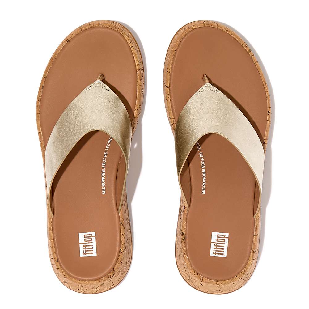 Women's Fitflop F-MODE Metallic Leather/Cork Flatform Toe-Post Sandals Brown/Gold | Ireland-83207