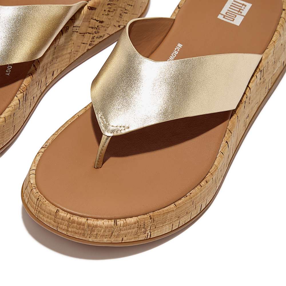 Women's Fitflop F-MODE Metallic Leather/Cork Flatform Toe-Post Sandals Brown/Gold | Ireland-83207