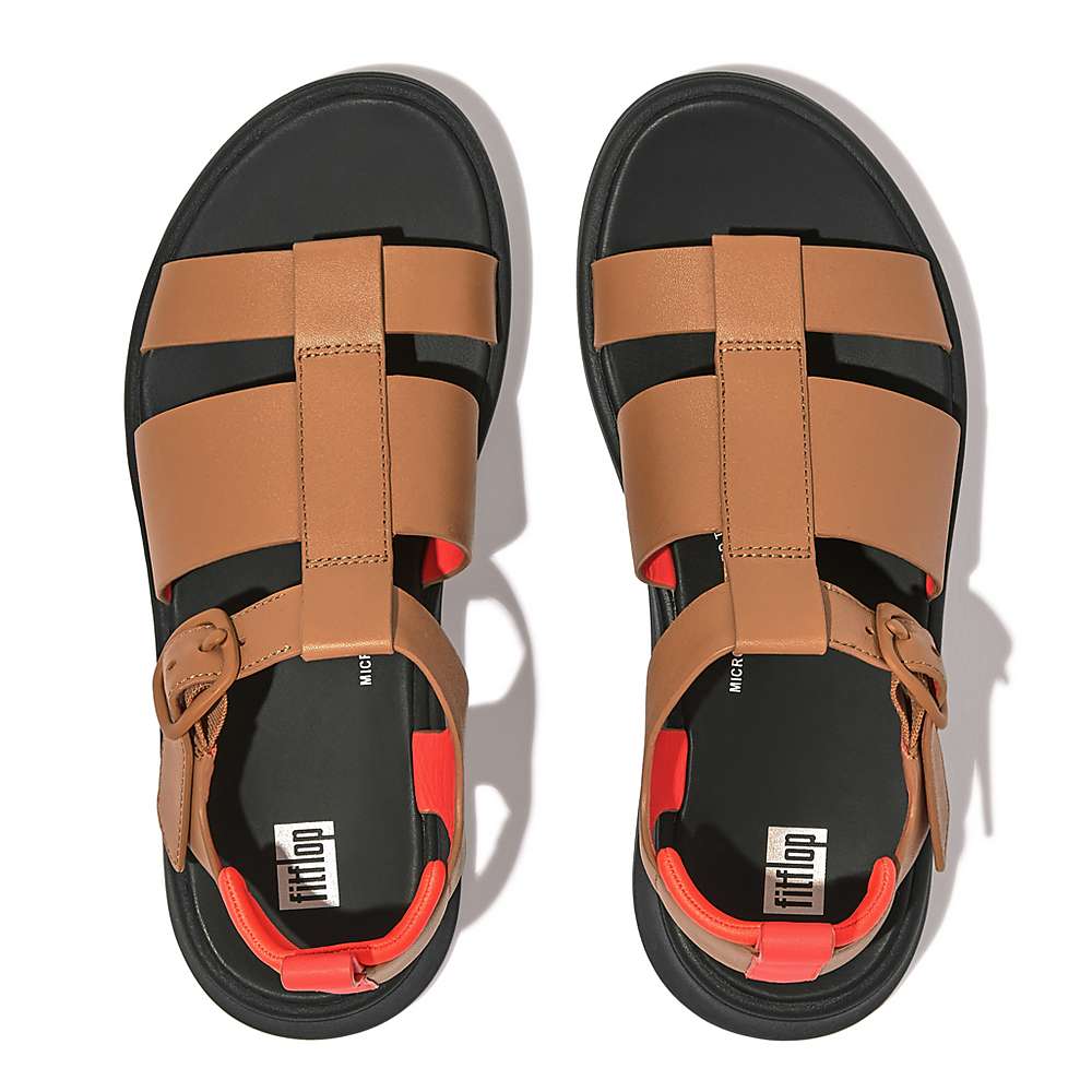 Women's Fitflop F-MODE Neon-Pop Leather Flatform Fisherman Sandals Brown/Orange | Ireland-20781