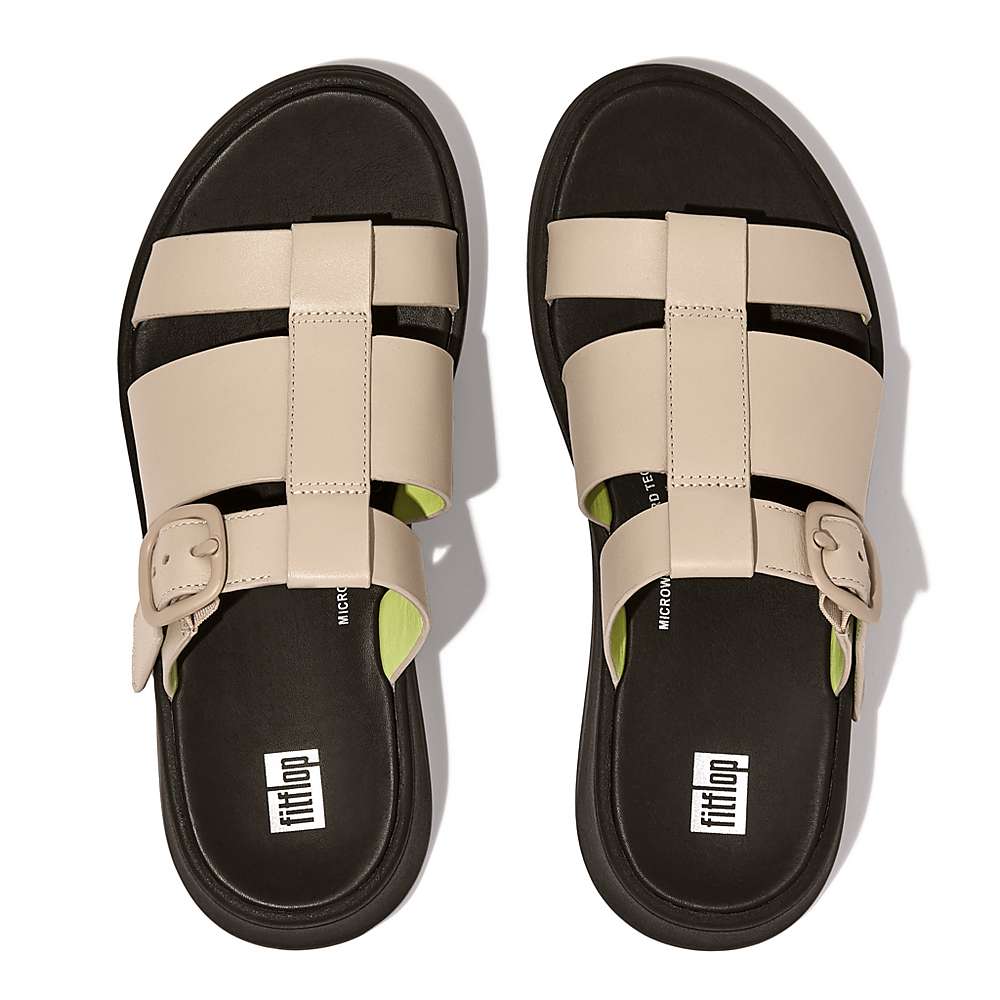 Women's Fitflop F-MODE Neon-Pop Leather Flatform Fisherman Slides Sandals Grey/Yellow | Ireland-98157