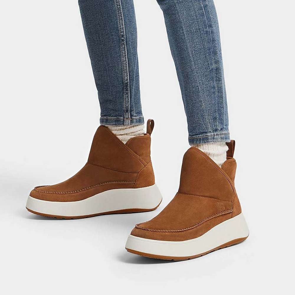 Women's Fitflop F-MODE Nubuck-Mix Flatform Bootie Trainers Light Brown | Ireland-86204