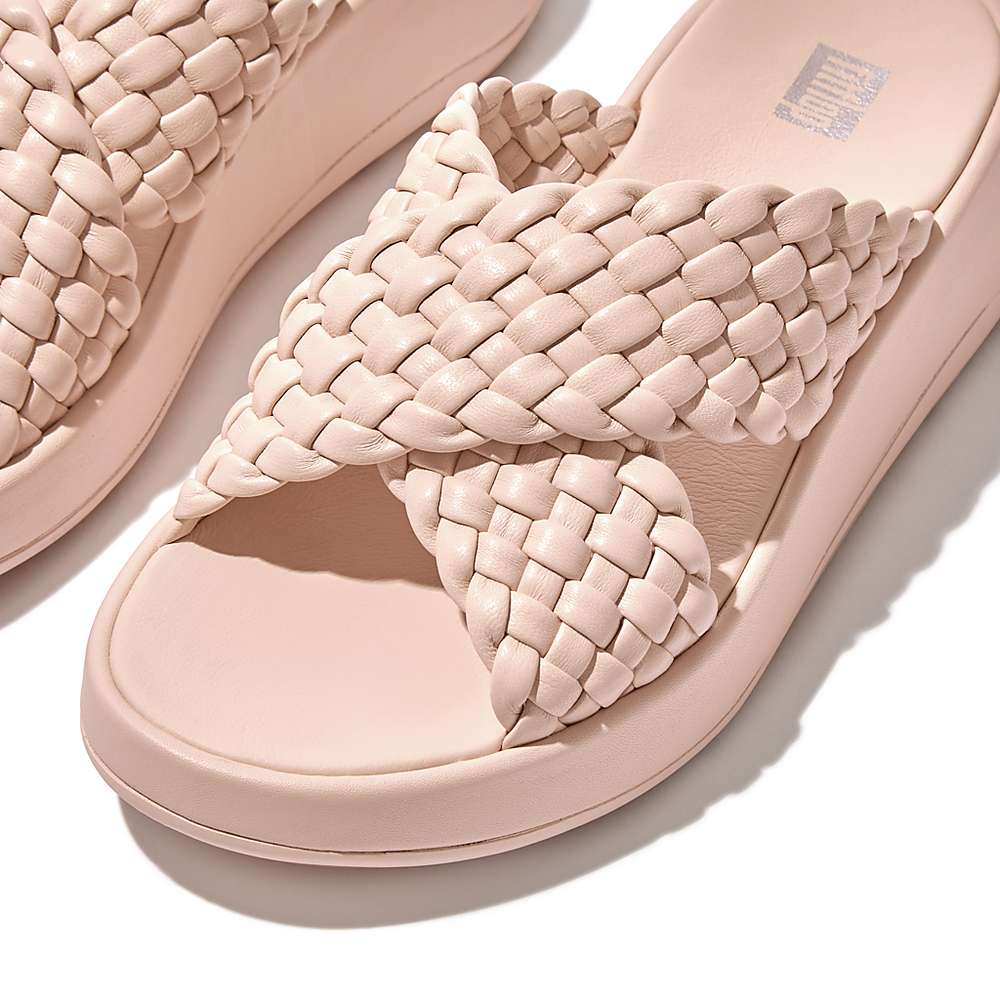 Women's Fitflop F-MODE Woven Leather Flatform Cross Slides Sandals Rose | Ireland-13045