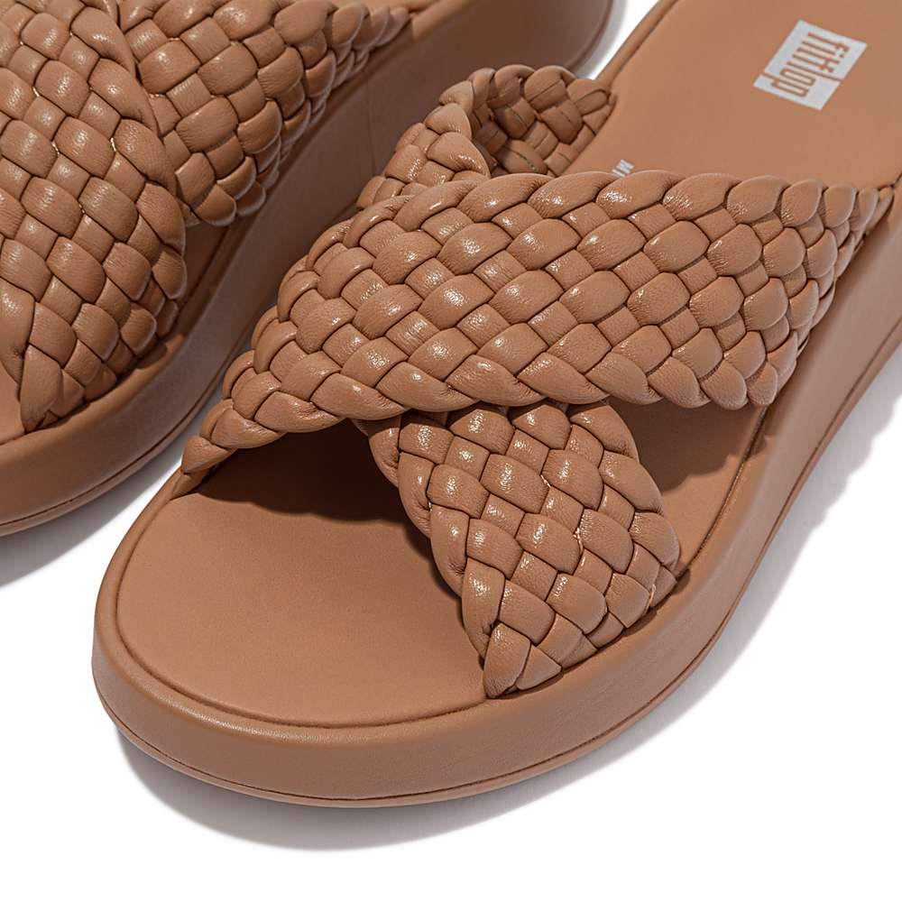 Women's Fitflop F-MODE Woven Leather Flatform Cross Slides Sandals Brown | Ireland-15740