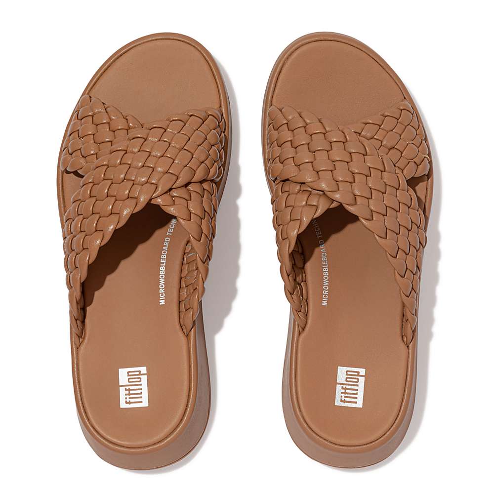 Women's Fitflop F-MODE Woven Leather Flatform Cross Slides Sandals Brown | Ireland-15740