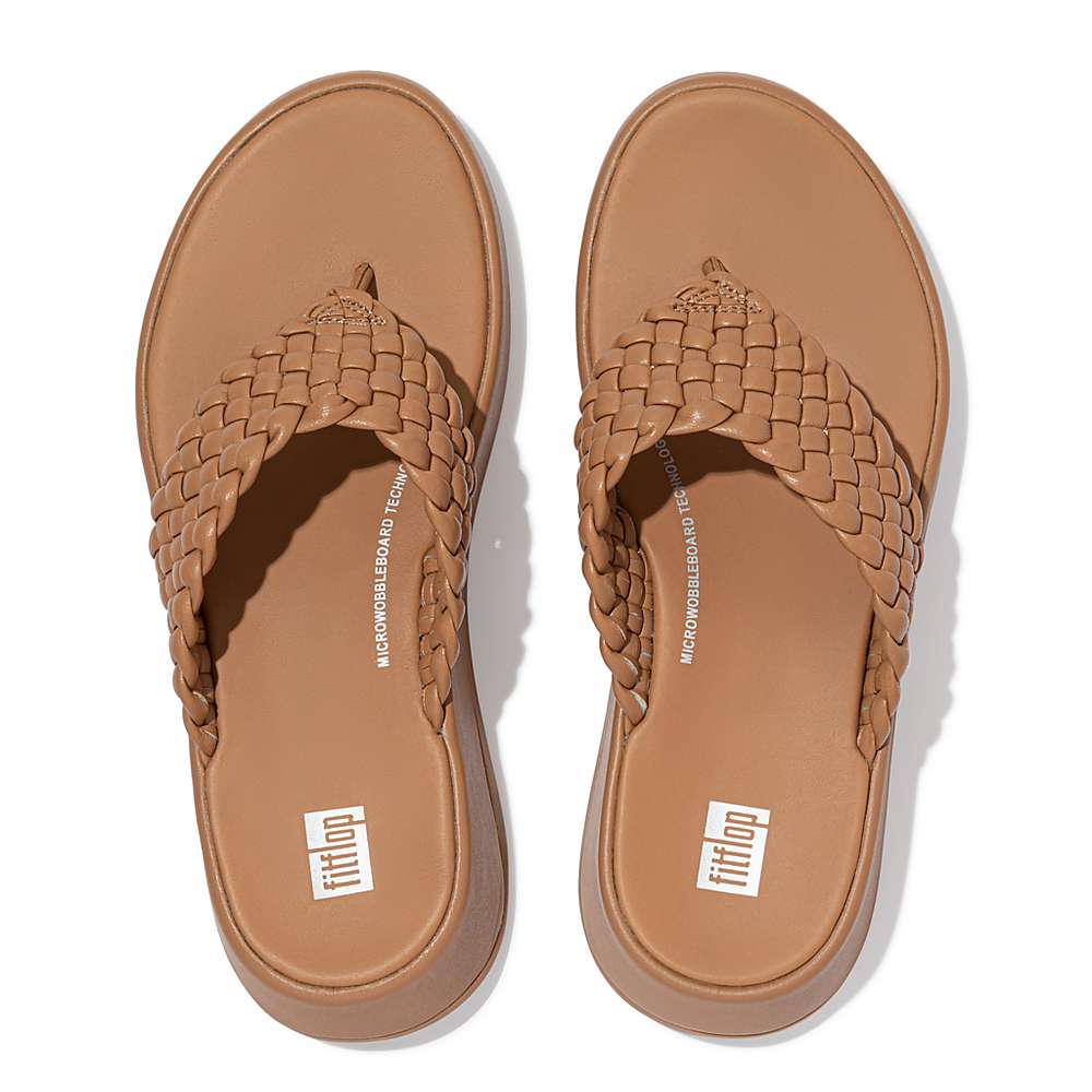 Women's Fitflop F-MODE Woven Leather Flatform Toe-Post Sandals Brown | Ireland-47896