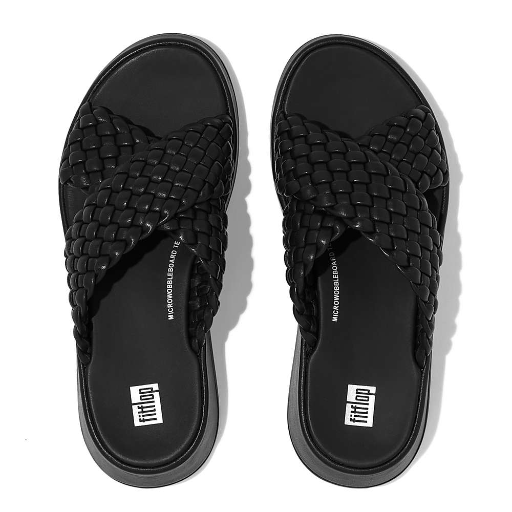 Women's Fitflop F-MODE Woven Leather Flatform Cross Slides Sandals Black | Ireland-50412