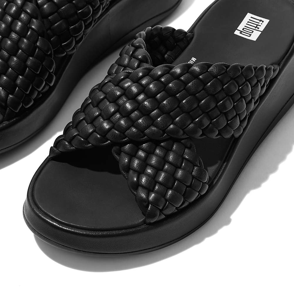 Women's Fitflop F-MODE Woven Leather Flatform Cross Slides Sandals Black | Ireland-50412