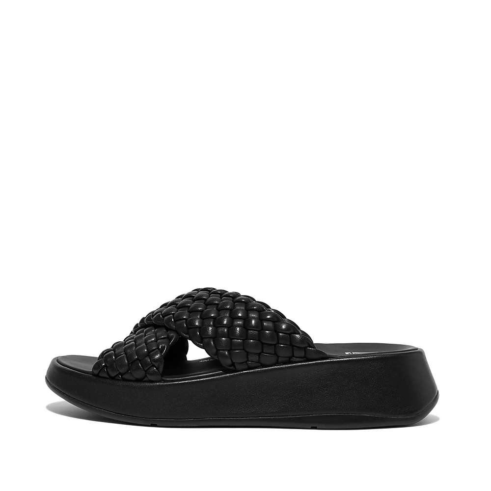 Women\'s Fitflop F-MODE Woven Leather Flatform Cross Slides Sandals Black | Ireland-50412