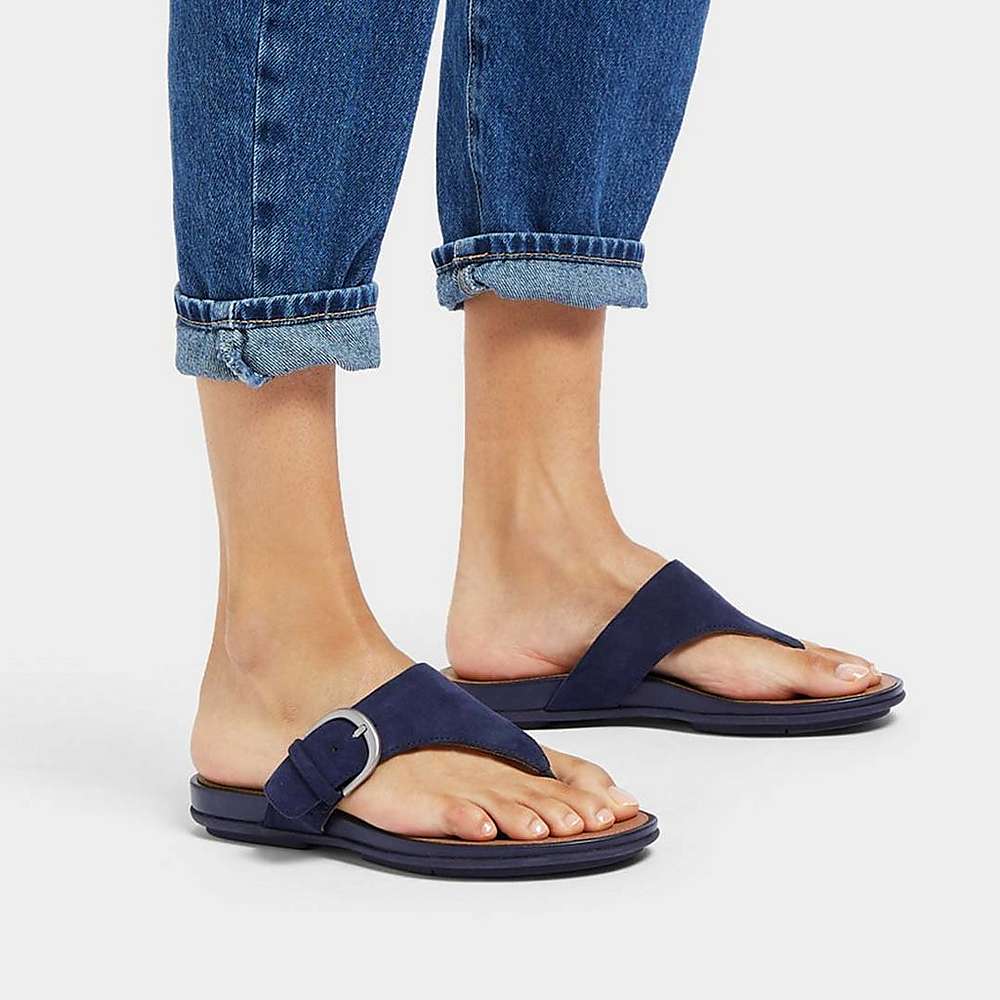 Women's Fitflop GRACIE Buckle Suede Toe-Post Sandals Navy | Ireland-39056