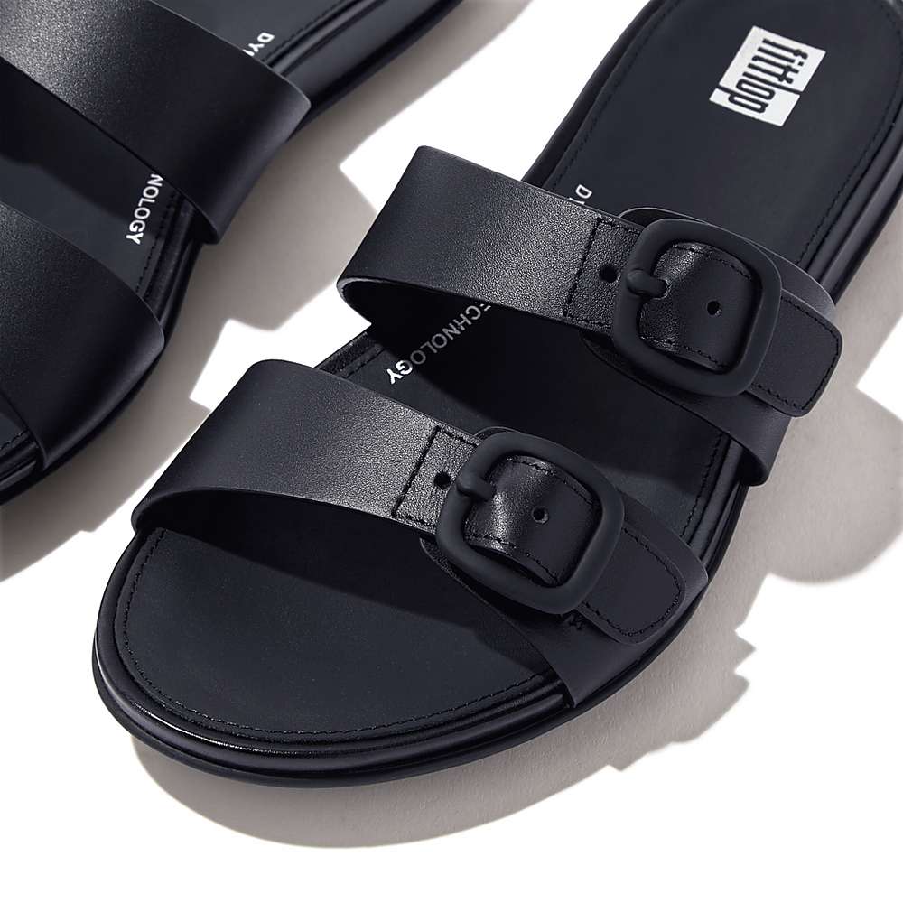 Women's Fitflop GRACIE Buckle Two-Bar Leather Slides Sandals Navy | Ireland-20736