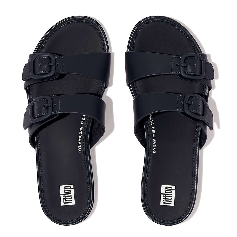 Women's Fitflop GRACIE Buckle Two-Bar Leather Slides Sandals Navy | Ireland-20736