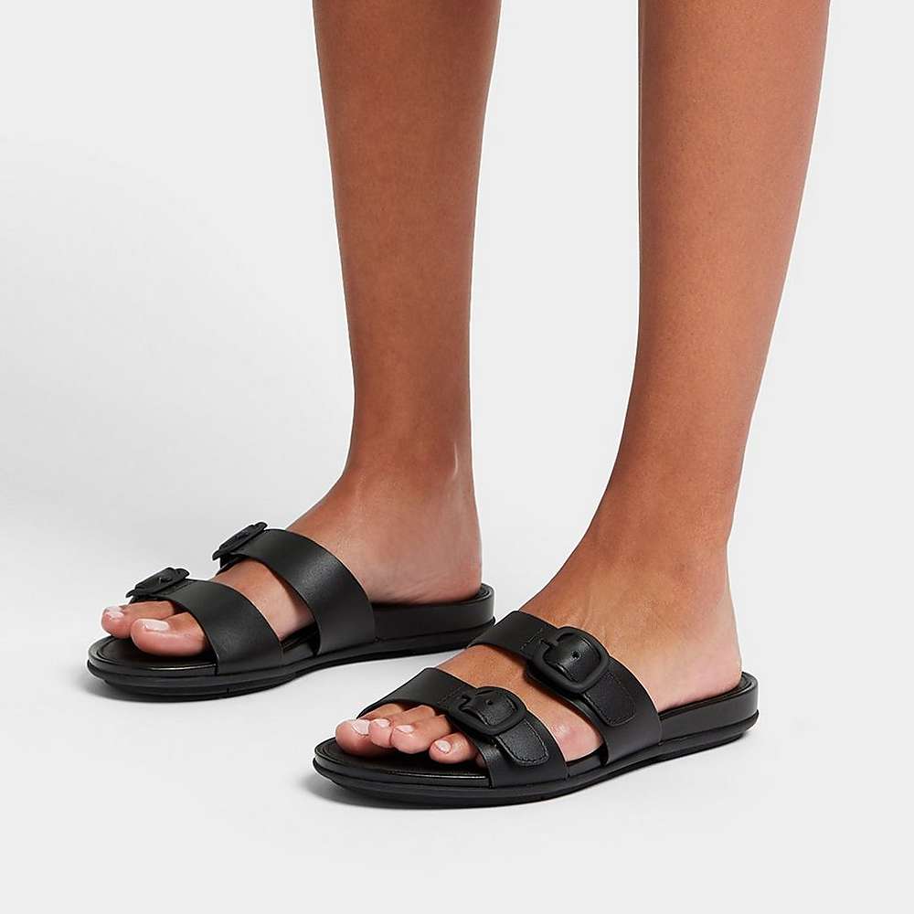 Women's Fitflop GRACIE Buckle Two-Bar Leather Slides Sandals Black | Ireland-21478