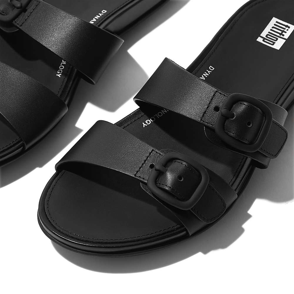 Women's Fitflop GRACIE Buckle Two-Bar Leather Slides Sandals Black | Ireland-21478