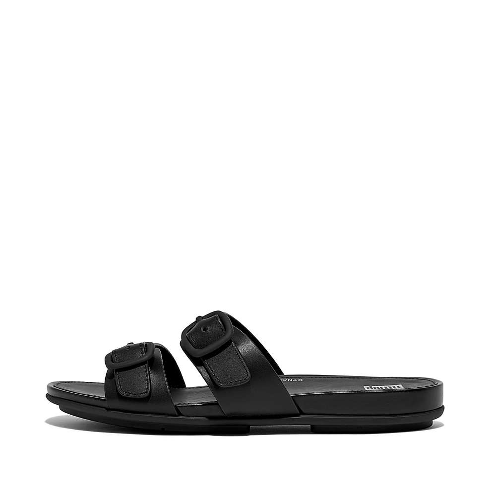 Women\'s Fitflop GRACIE Buckle Two-Bar Leather Slides Sandals Black | Ireland-21478