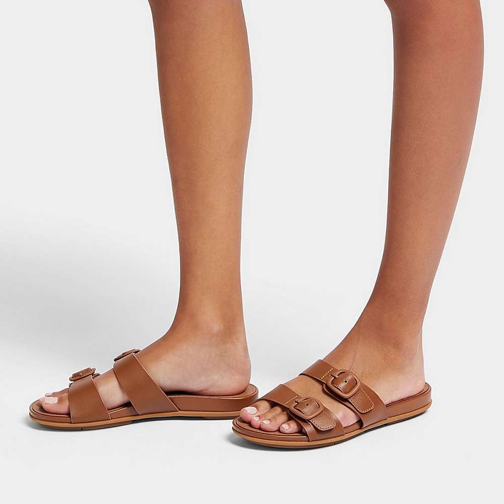 Women's Fitflop GRACIE Buckle Two-Bar Leather Slides Sandals Brown | Ireland-42859