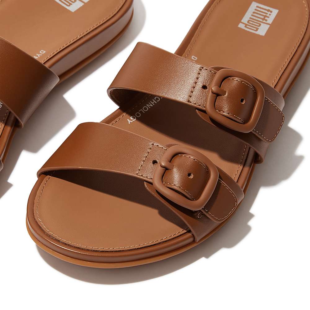 Women's Fitflop GRACIE Buckle Two-Bar Leather Slides Sandals Brown | Ireland-42859