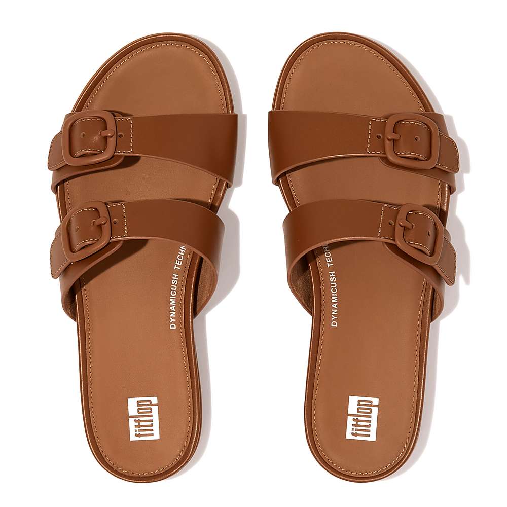 Women's Fitflop GRACIE Buckle Two-Bar Leather Slides Sandals Brown | Ireland-42859