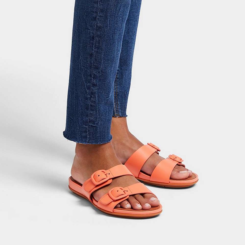 Women's Fitflop GRACIE Buckle Two-Bar Leather Slides Sandals Orange Coral | Ireland-45896