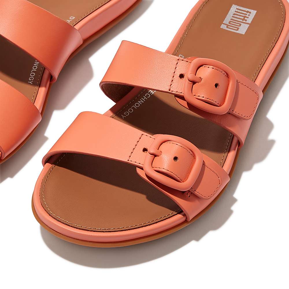 Women's Fitflop GRACIE Buckle Two-Bar Leather Slides Sandals Orange Coral | Ireland-45896