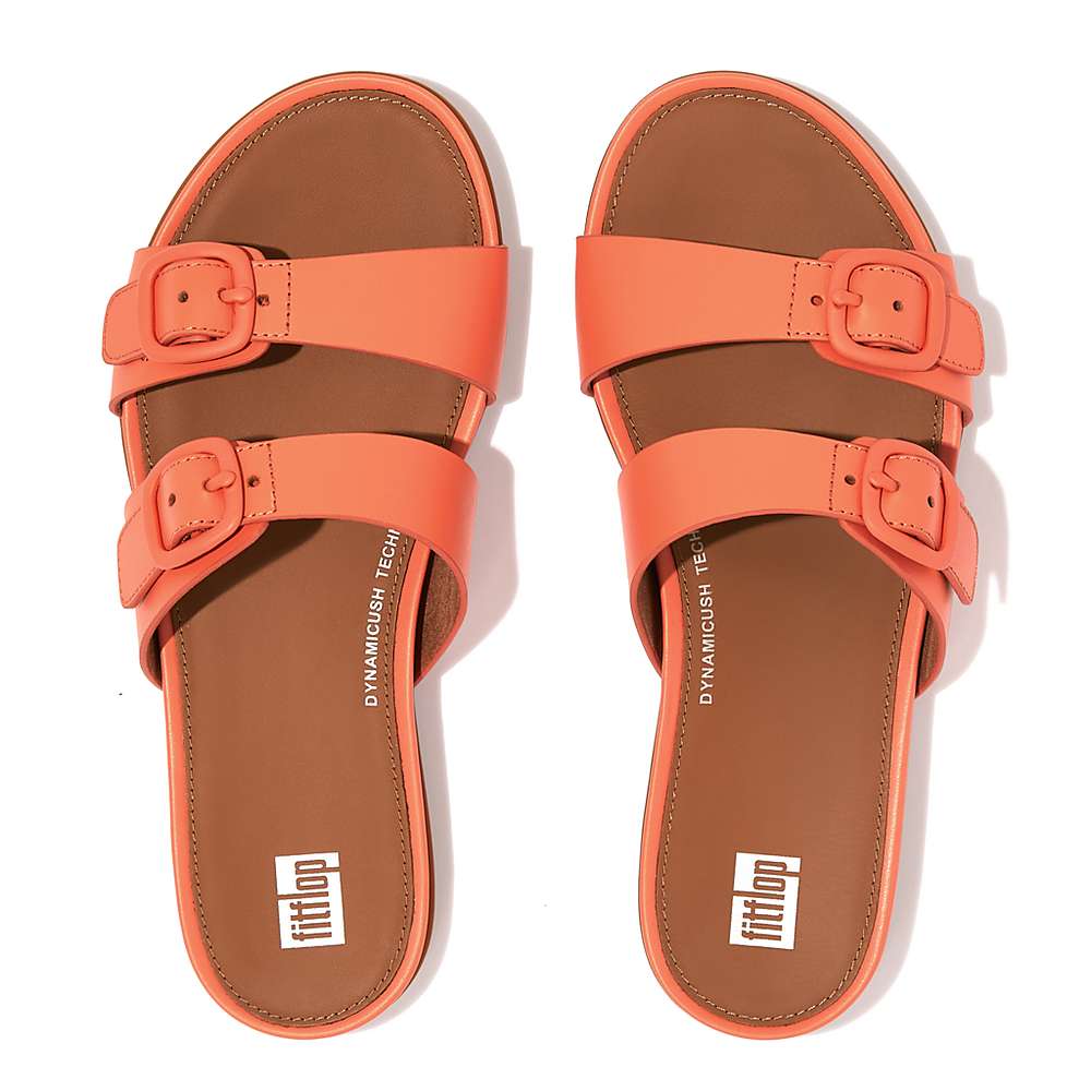 Women's Fitflop GRACIE Buckle Two-Bar Leather Slides Sandals Orange Coral | Ireland-45896