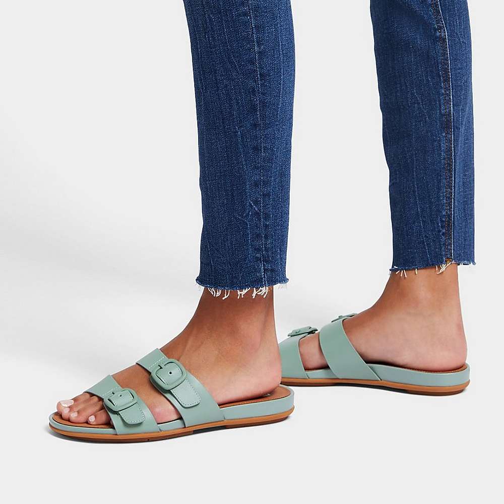 Women's Fitflop GRACIE Buckle Two-Bar Leather Slides Sandals Blue | Ireland-49870