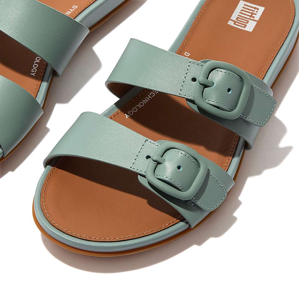 Women's Fitflop GRACIE Buckle Two-Bar Leather Slides Sandals Blue | Ireland-49870