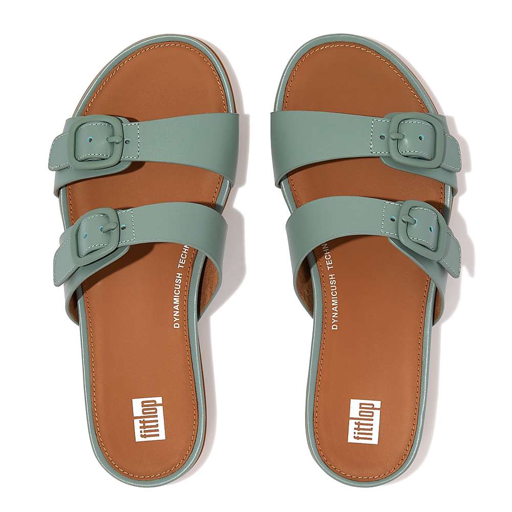 Women's Fitflop GRACIE Buckle Two-Bar Leather Slides Sandals Blue | Ireland-49870