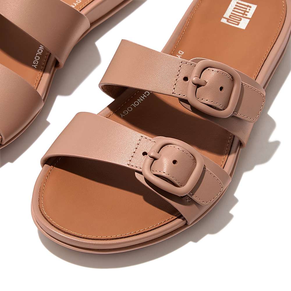 Women's Fitflop GRACIE Buckle Two-Bar Leather Slides Sandals Beige | Ireland-98431