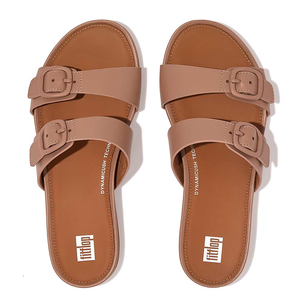 Women's Fitflop GRACIE Buckle Two-Bar Leather Slides Sandals Beige | Ireland-98431