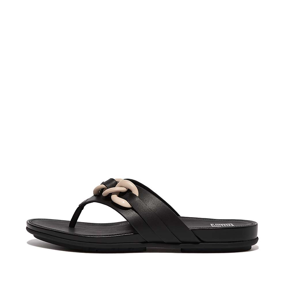 Women\'s Fitflop GRACIE Chain Leather Toe-Post Sandals Black | Ireland-65927