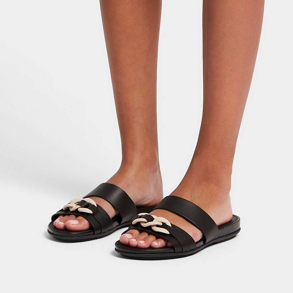 Women's Fitflop GRACIE Chain Leather Two-Bar Slides Sandals Black | Ireland-04136