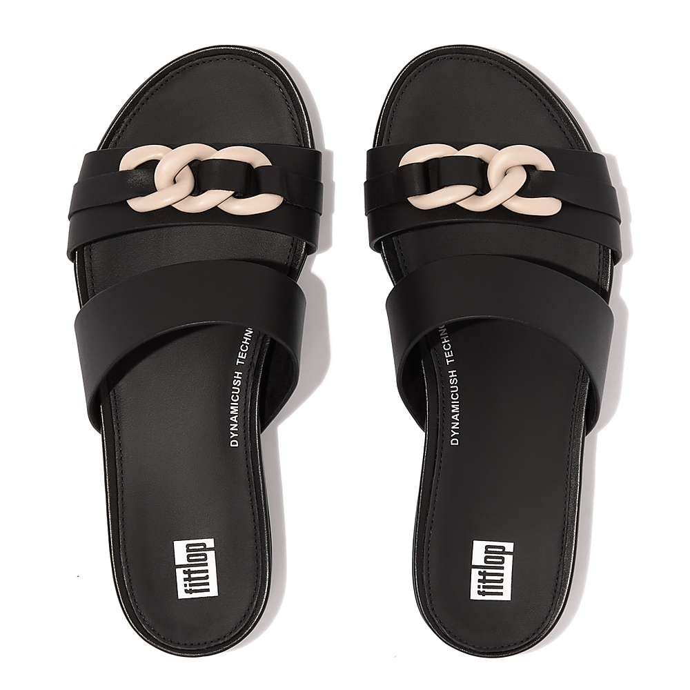 Women's Fitflop GRACIE Chain Leather Two-Bar Slides Sandals Black | Ireland-04136