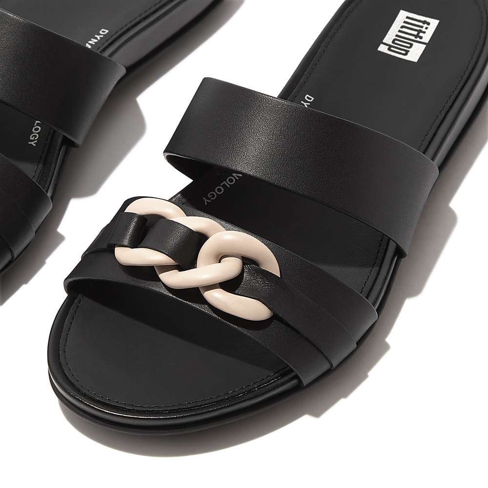 Women's Fitflop GRACIE Chain Leather Two-Bar Slides Sandals Black | Ireland-04136