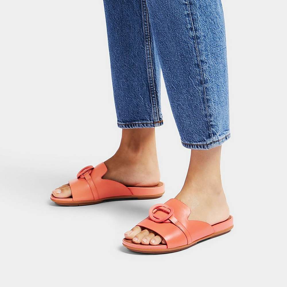 Women's Fitflop GRACIE Circlet Leather Slides Sandals Orange Coral | Ireland-02469