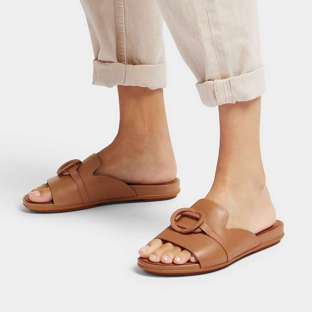 Women's Fitflop GRACIE Circlet Leather Slides Sandals Brown | Ireland-30854