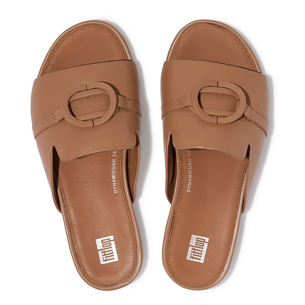 Women's Fitflop GRACIE Circlet Leather Slides Sandals Brown | Ireland-30854