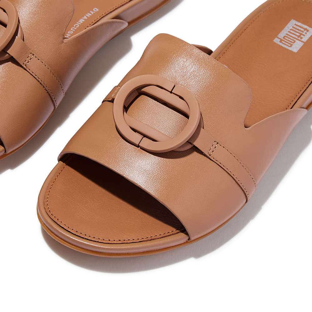 Women's Fitflop GRACIE Circlet Leather Slides Sandals Brown | Ireland-30854