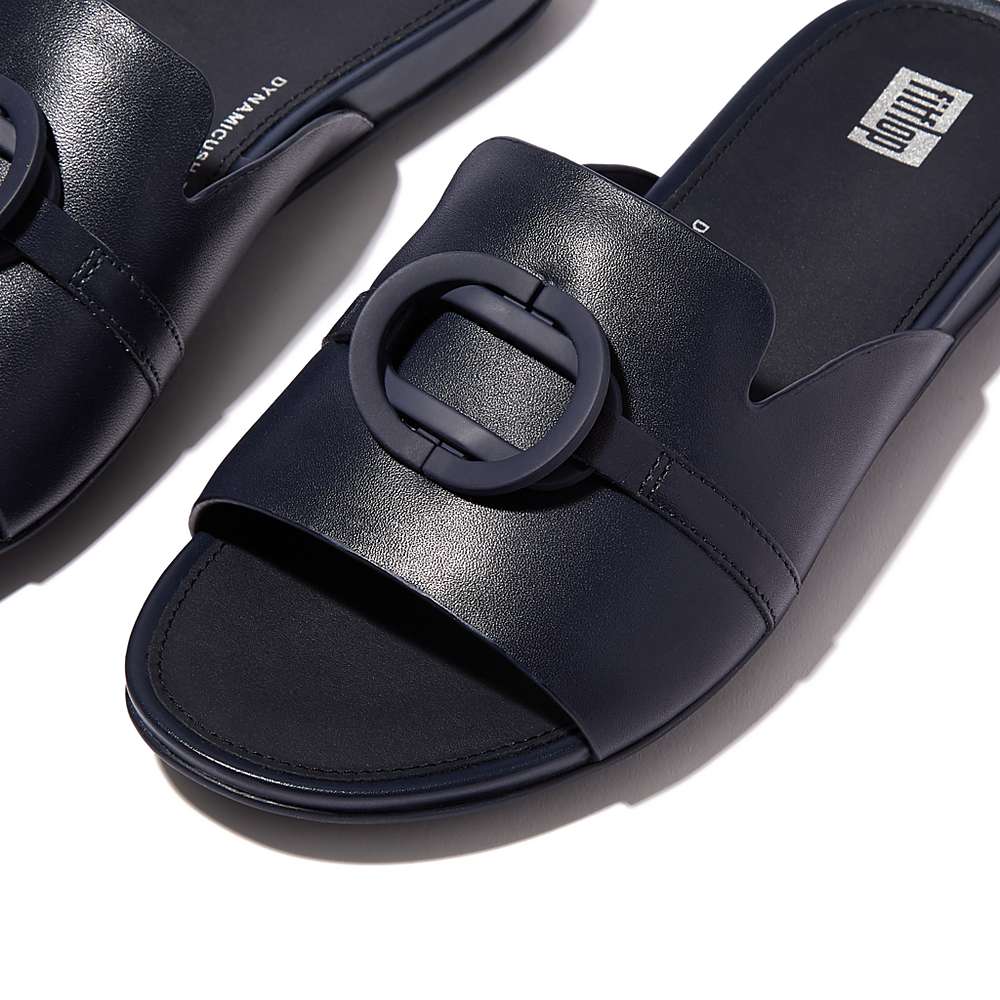 Women's Fitflop GRACIE Circlet Leather Slides Sandals Navy | Ireland-51287