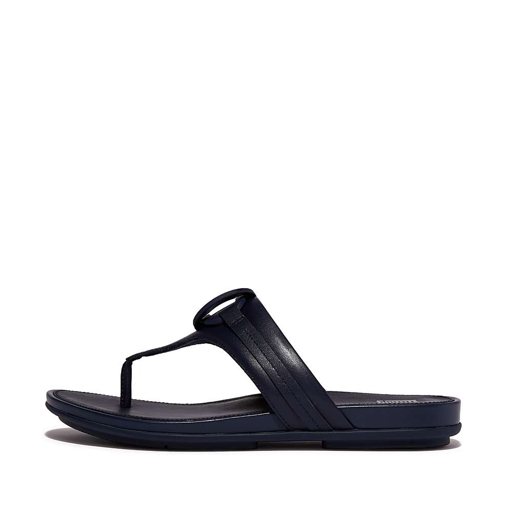 Women\'s Fitflop GRACIE Circlet Leather Toe-Post Sandals Navy | Ireland-31495