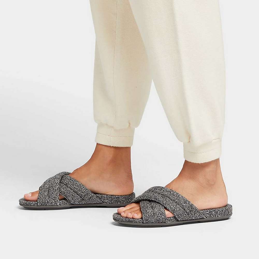 Women's Fitflop GRACIE E01 Merino Wool-Mix Cross Slippers Grey | Ireland-28415