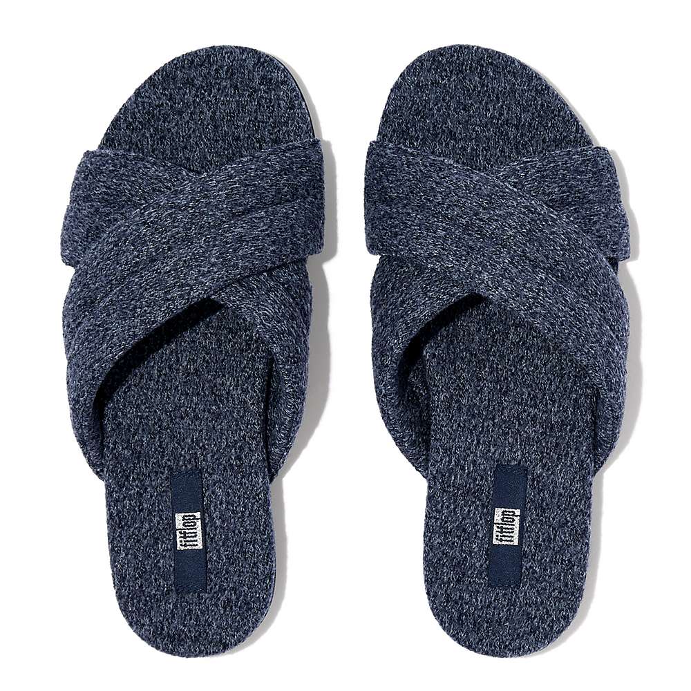 Women's Fitflop GRACIE E01 Merino Wool-Mix Cross Slippers Navy | Ireland-45816