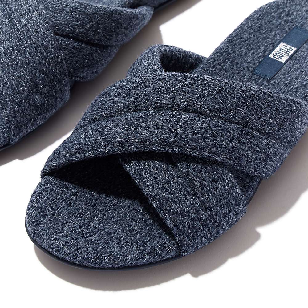 Women's Fitflop GRACIE E01 Merino Wool-Mix Cross Slippers Navy | Ireland-45816