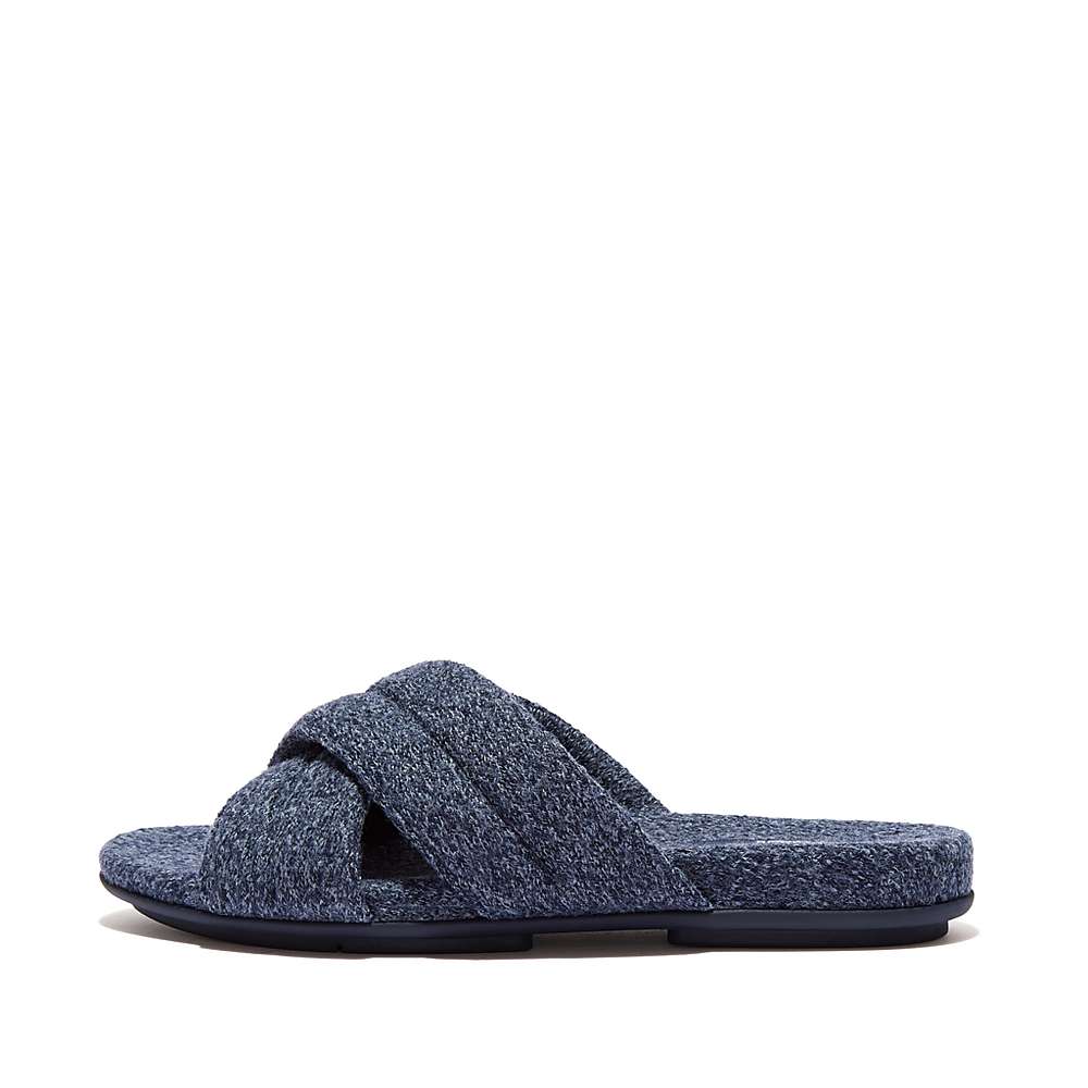 Women\'s Fitflop GRACIE E01 Merino Wool-Mix Cross Slippers Navy | Ireland-45816